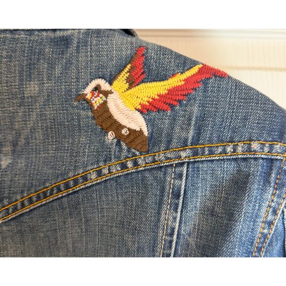 Tommy Hilfiger Denim Jacket Embroidered Bird Heart Patch Blue Trucker Womens M - Picture 8 of 11